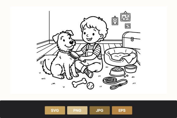 Boy Brushing Dog Line Art Review