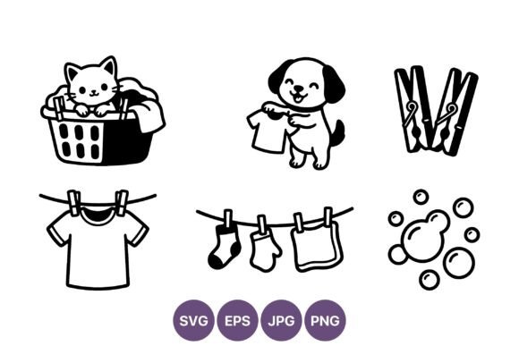 Cat Dog Laundry Line Art Vector Review