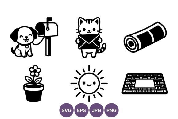 Dog and Cat Mailbox Flower Sun Icons