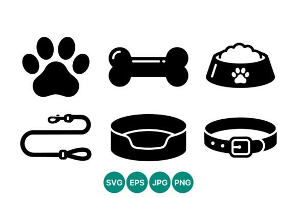 Dog Paw Bone Bowl Leash Bed Collar Icons