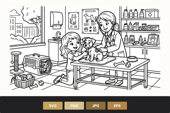 Girl with Dog at Vet Clinic Line Art Review
